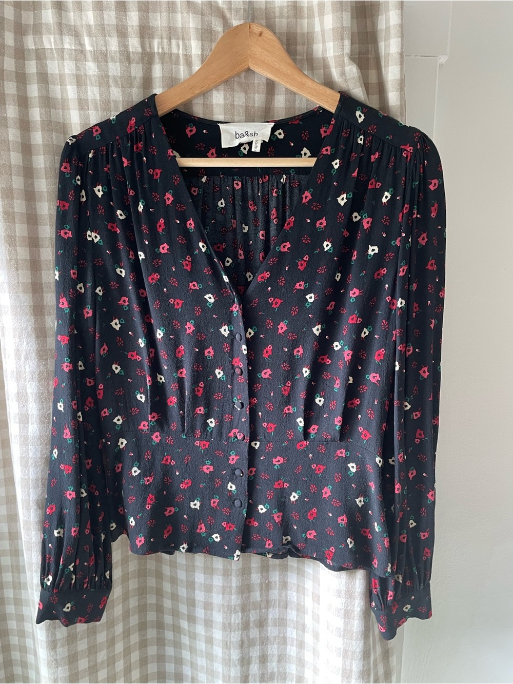 ba&sh Black Floral V-Neck Button-Front Blouse with Red and White Print